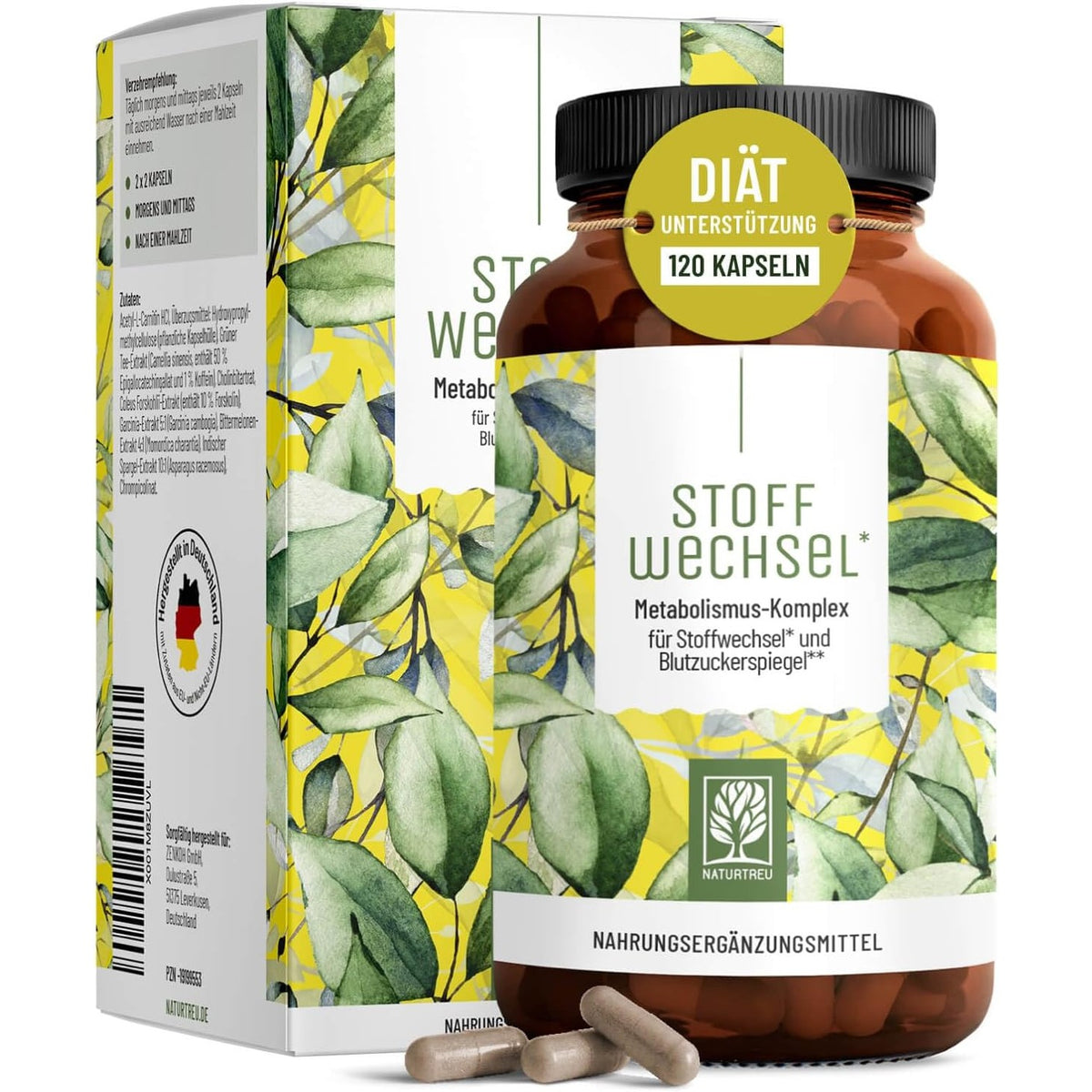 296991 - NATURTREU Kapsula për Mbështetje Diete, 120 Kapsula Vegane, për Metabolizmin me Çaj Jeshil, Forskohlii, Kolinë, Garcinia Cambogia