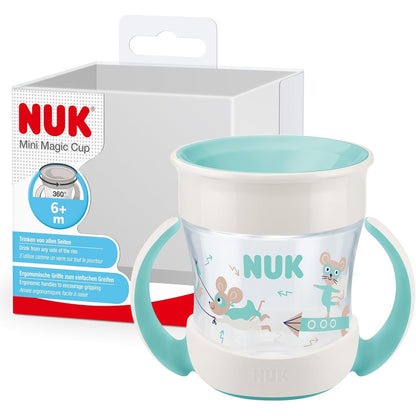 303452 - NUK Mini Magic Cup Filxhan me Sippy Cup, 160 ml, 6+ Muaj, Pa BPA, Ngjyrë bruz