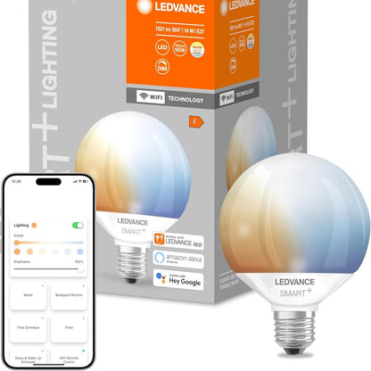 229827 - LEDVANCE SMART WIFI G95 Llampë LED inteligjente - Bazë E27, e errësueshme, ngjyrë drite 2700-6500K, zëvendësim për 100W, kontrollueshme me Alexa dhe Google, pako me 1
