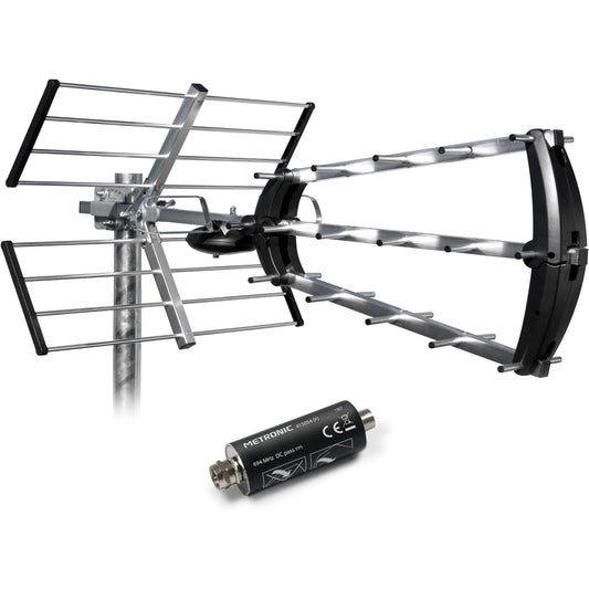 273080 - METRONIC Antenë Tri-bandëshe 415054 e Jashtme 26 dB - Filtër 5G 694 MHz, Marrje TV DVB-T/T2, E pajtueshme me 4K UHD - Gri