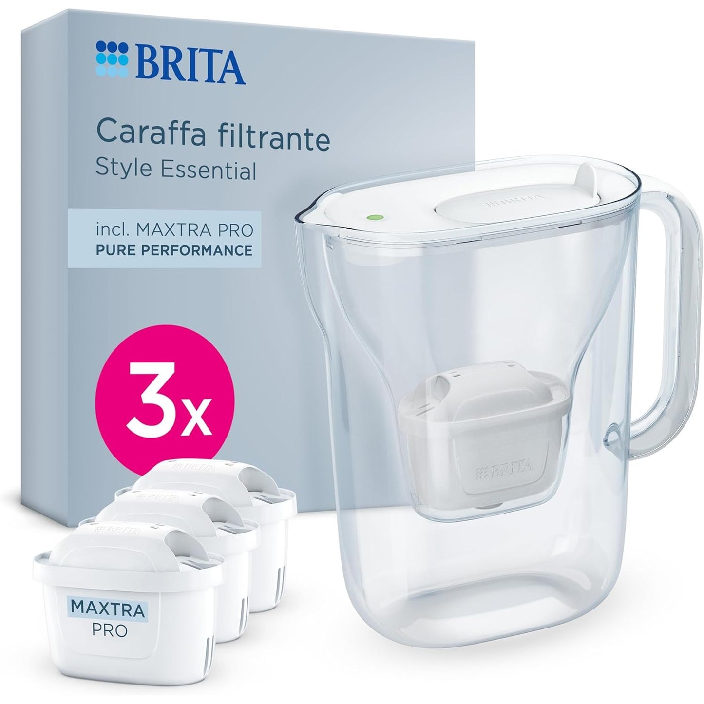 183742 - BRITA Essential Style Enë Filtri për Ujë të Bardhë, 2.4L me 3 Filtra MAXTRA PRO Pure Performance - Tregues Drite Inteligjente, Zvogëlon Papastërtitë dhe Metale, Vendoset në Derën e Frigoriferit
