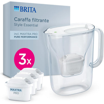 183743 - BRITA Enë Filtri për Ujë Essential Style, Bardhë, Kapaciteti 2.4L, me 3 Filtra MAXTRA PRO Pure Performance dhe Tregues Drite Inteligjente, e përshtatshme për frigorifer, zvogëlon papastërtitë dhe metale