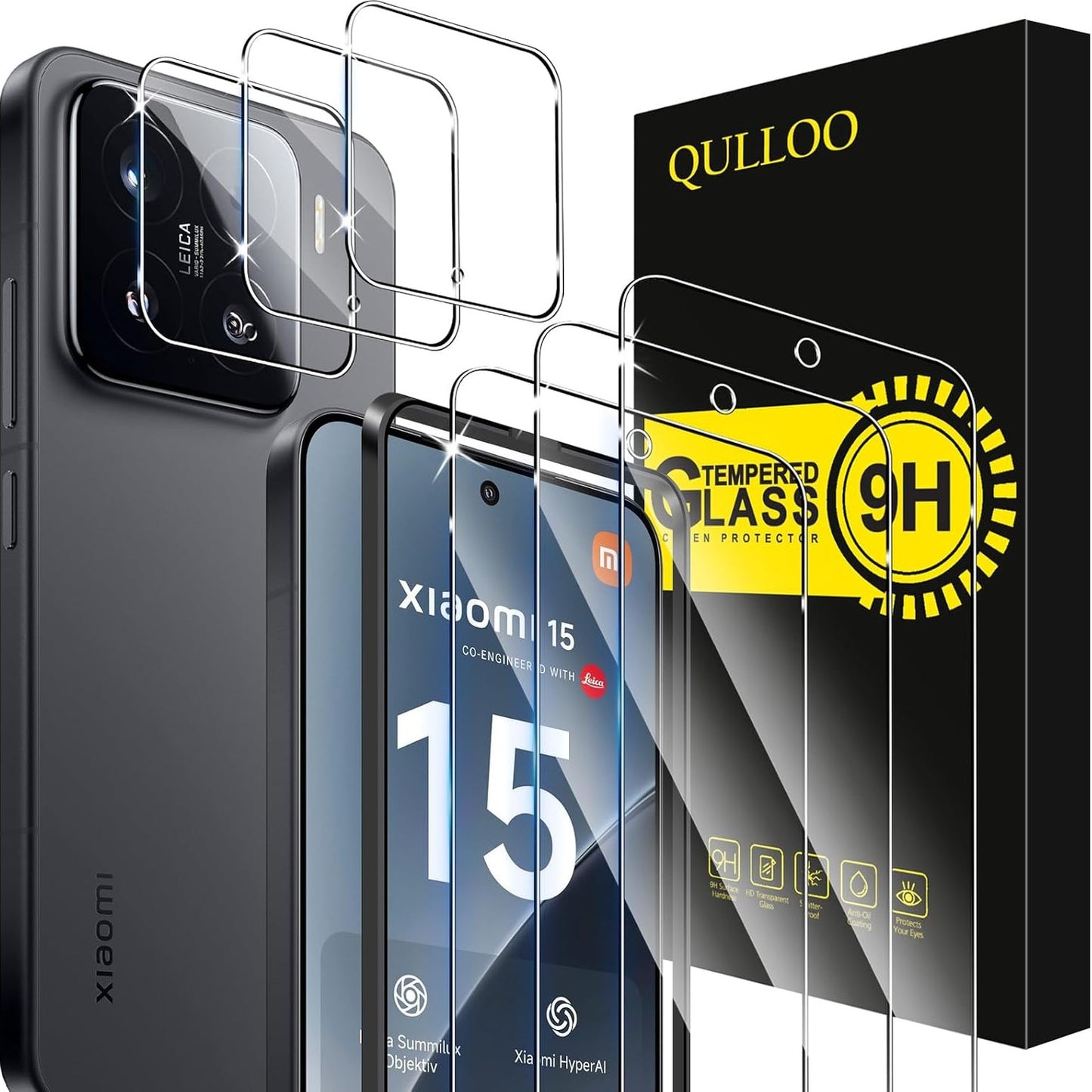 269572 - XHAM I TEMPERUAR QULLOO për Xiaomi Mi 15 5G, Mbrojtës Ekrani me 2 Pako dhe Mbrojtës Kamere të Pasme me 3 Pako, Mbrojtës Ekrani HD Clarity me Fortësi 9H Anti-Gërvishtje