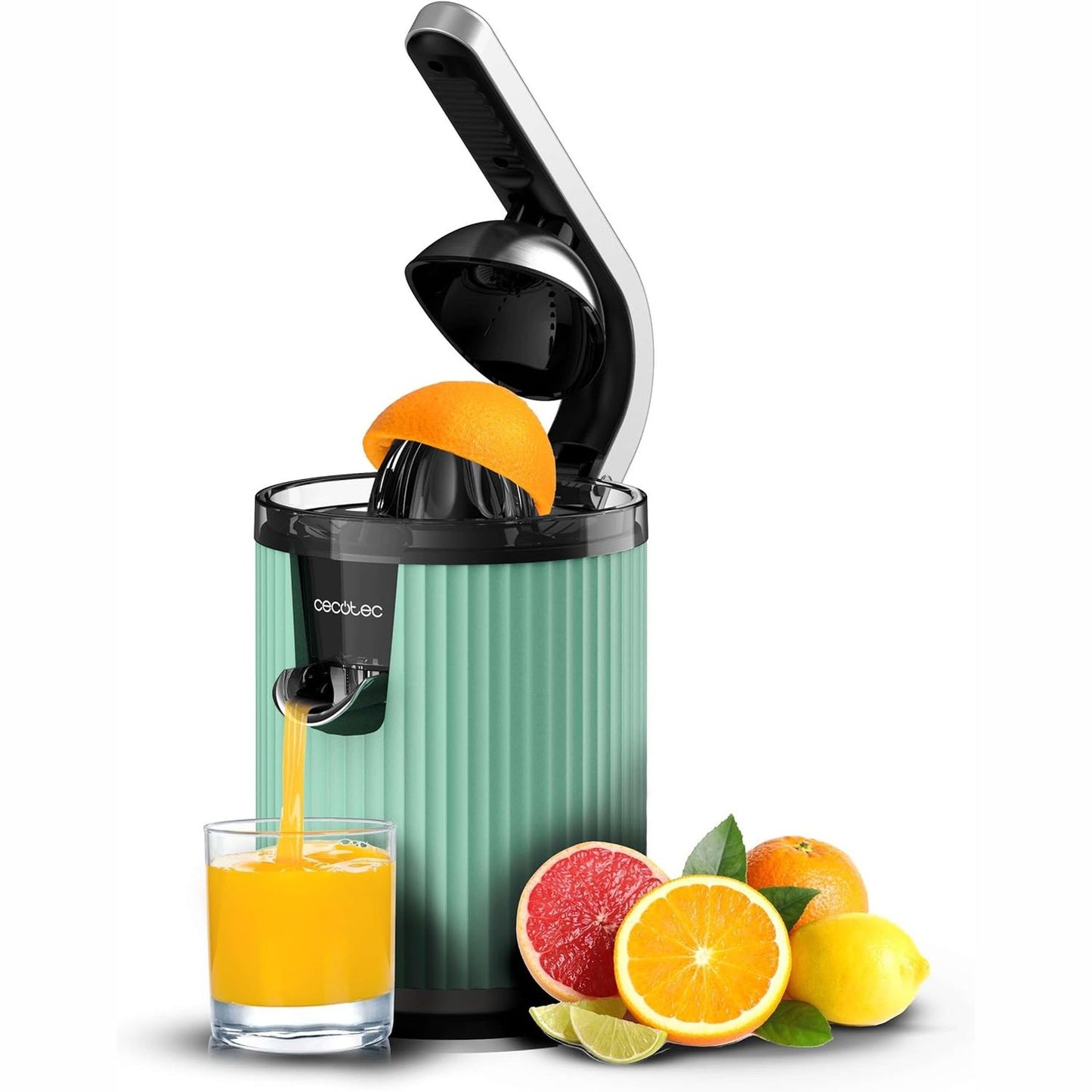 288342 - CECOTEC Shtrydhëse Elektrike Agrumesh Xqueeze RetroJuice 600 Green, 600W, me Krah për Portokaj dhe Fruta Agrume, Filtër Çelik Inoks, Kon Plastik, Levë Nxjerrjeje Tuli, Kundër Pikimit