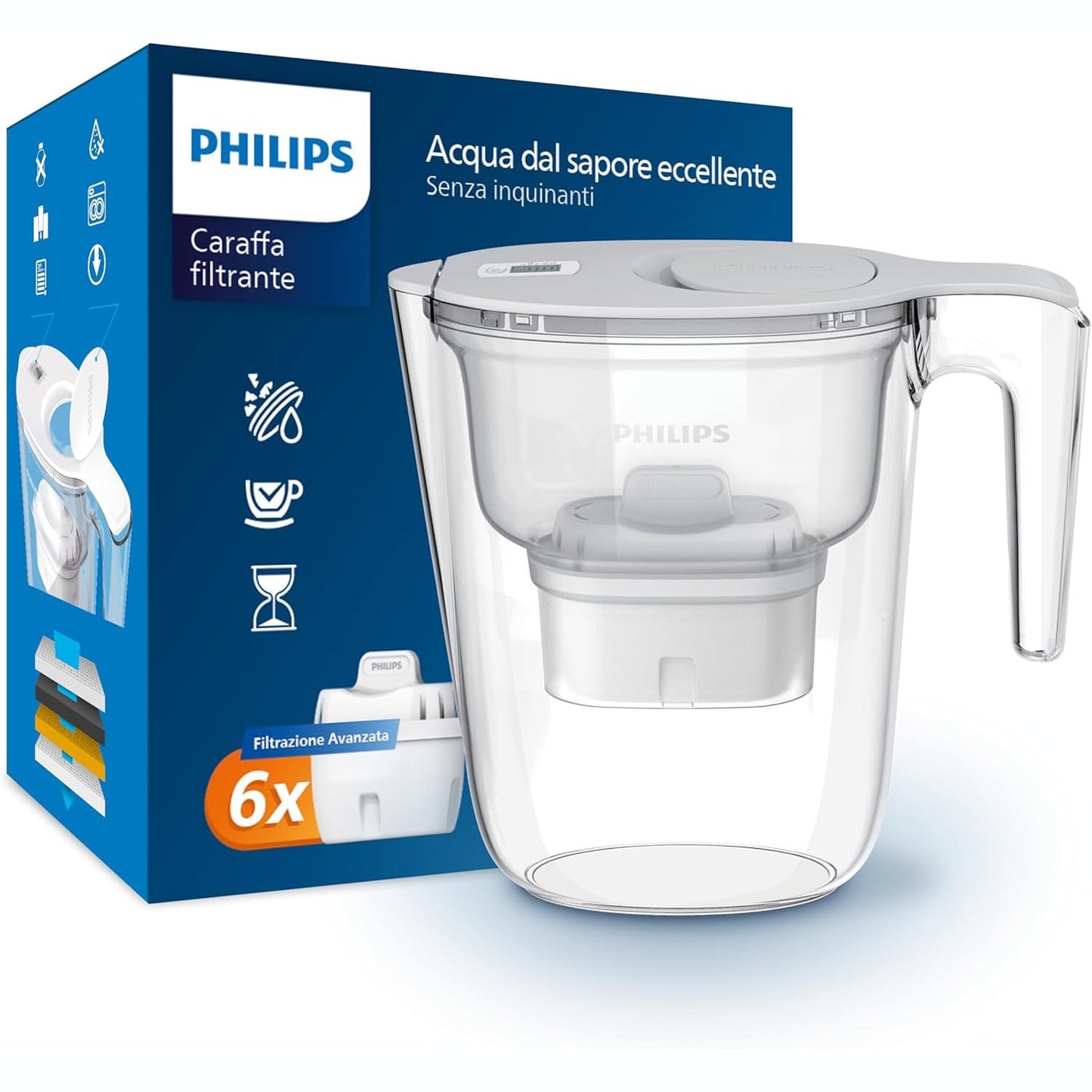 250847 - PHILIPS Ujë Filtër Uji +6 Shije + Fishekë Filtri Zëvendësues, 2.6 L, Rrjedhje e Shpejtë, Filtra Klori, Gurguri, Metale të Rënda dhe Mikroplastika