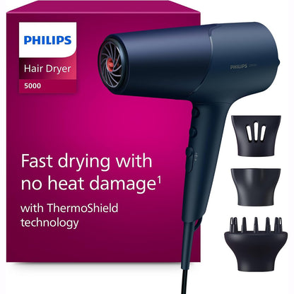 321121 - Tharëse flokësh PHILIPS Seria 5000, Teknologji ThermoShield, Funksion Jonizimi, 2300 W, Blu Metalike, Gryka Stilimi 9 mm dhe 11 mm, Difuzues Vëllimi, BHD510/20