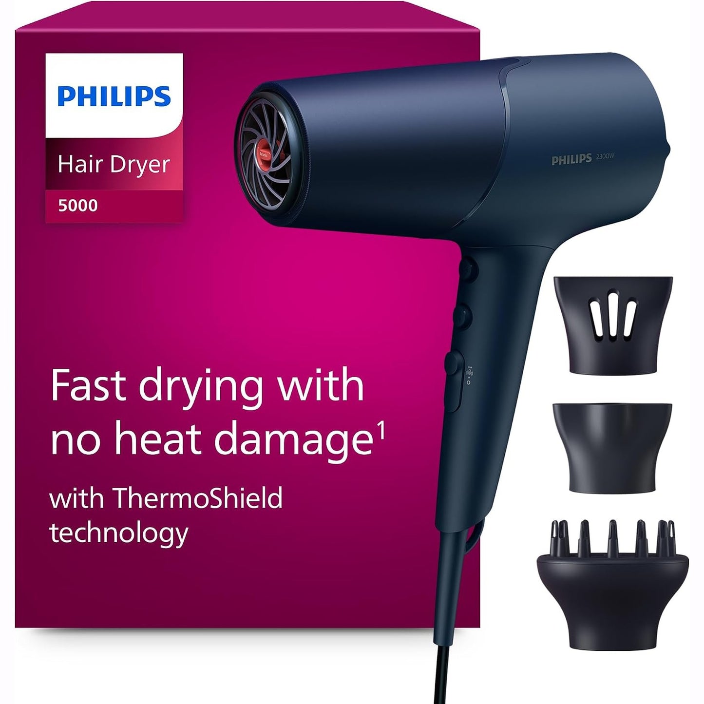 315680 - PHILIPS Tharëse flokësh Seria 5000, Teknologji ThermoShield, 2300 W, Blu Metalike, Gryka Stilimi 9 mm dhe 11 mm, Difuzues Vëllimi, BHD510/20
