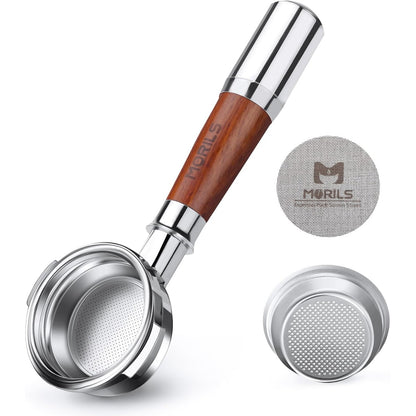 293140 - MORILS Portafilter pa fund 58 mm, i pajtueshëm me E61, Flair 58, ECM, Rocket, mbajtëse filtri prej çeliku inox 58 mm me 1 shportë filtri, dorezë prej druri arre dhe çeliku inox