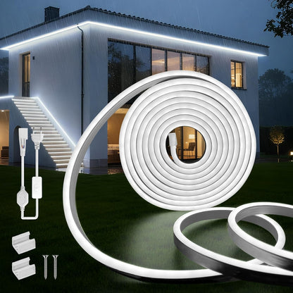 185208 - SUCIKORIO Shirit LED Neoni 2m për Jashtë, 220V, IP65 i Papërshkueshëm nga Uji, i Bardhë i Ftohtë 6000K, Fleksibël, 120 LED/m, i Prerë, me Furnizim me Energji