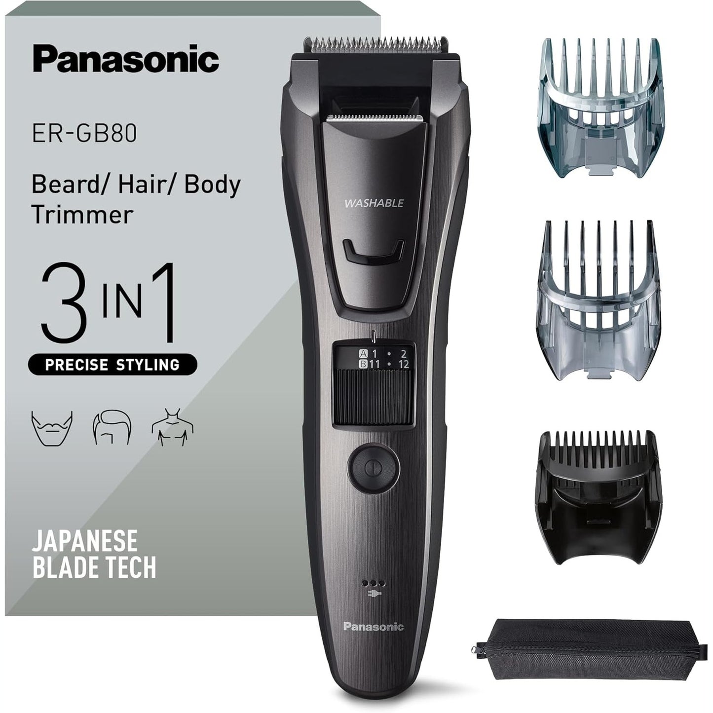 315530 - PANASONIC ER-GB80-H503 Makinë prerëse për mjekër dhe flokë, 39 gjatësi, 3 aksesorë, portative, papërshkueshme nga uji