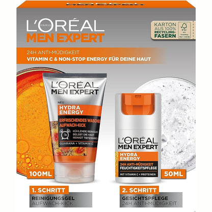 301232 - L'ORÉAL MEN EXPERT Set për Kujdesin e Lëkurës për Lëkurë të Lodhur, 1 x 100 ml Xhel Pastrues, 1 x 50 ml Krem Fytyre Anti-Lodhje 24H, me Vitaminë C, Hydra Energy