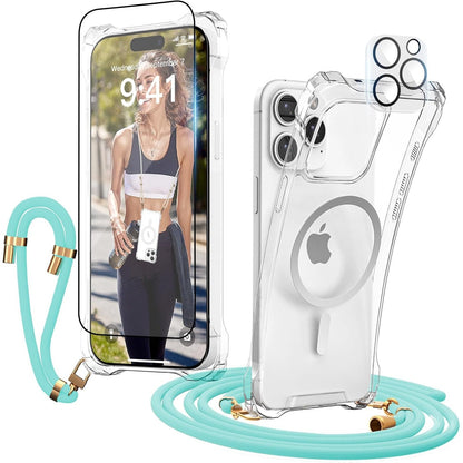 295349 - GUtttGU Rrip i shkëputshëm telefoni për iPhone 15 Pro Max, rrip i gjatë bezhë për qafën, mbrojtës transparent telefoni i pajtueshëm me MagSafe