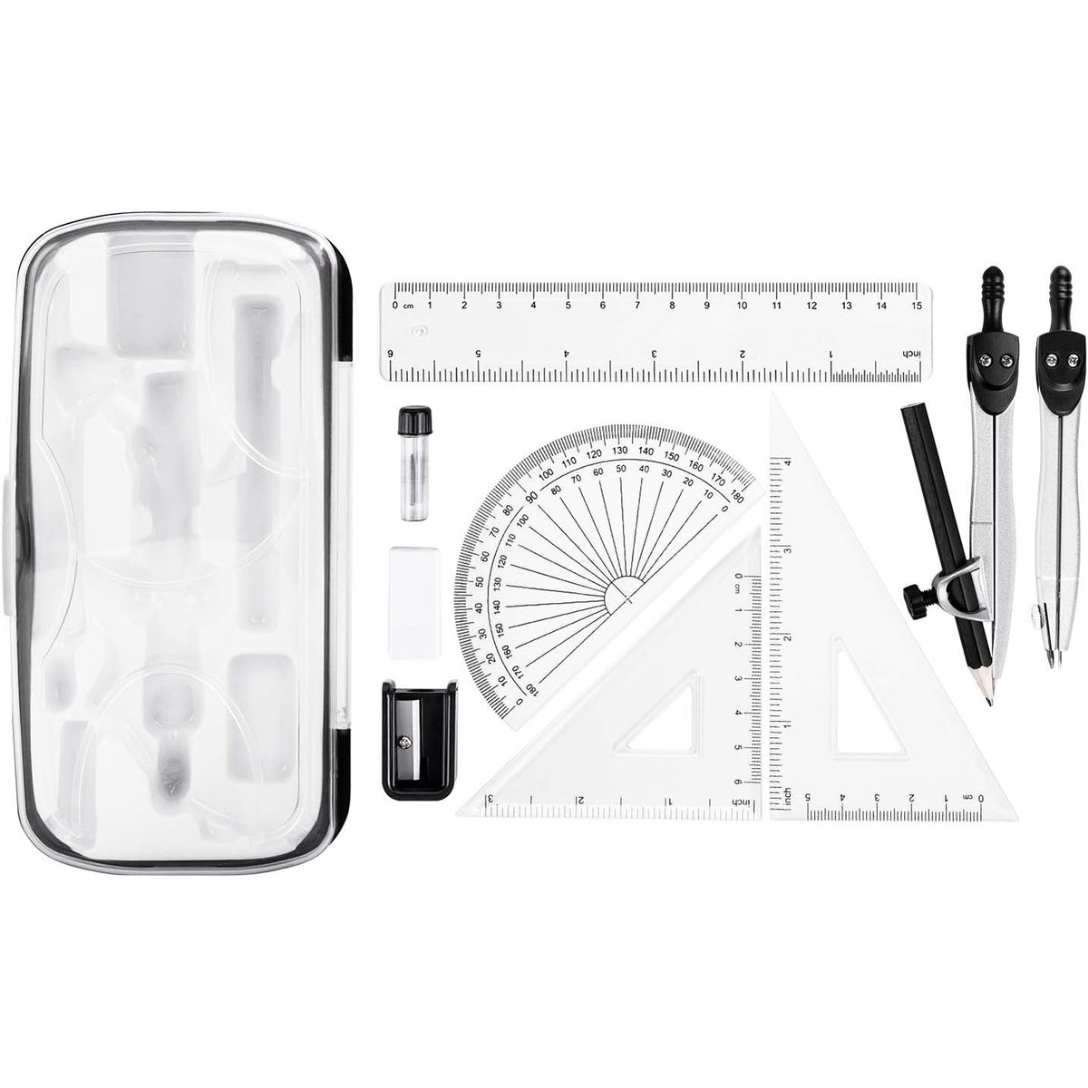 310521 - Amazon Basics Kit Matematikor me 10 Pjesë - Përfshin busull, plumb, gomë, mprehëse lapsash, raportor, katrorë, vizore, kuti ruajtjeje