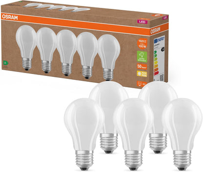 222673 - OSRAM Llambat LED me efikasitet të lartë, pako me 5 llamba, zëvendëson llambat inkandeshente 100W, të bardha të ngrohta (2700K), E27, xham i mbuluar me acar