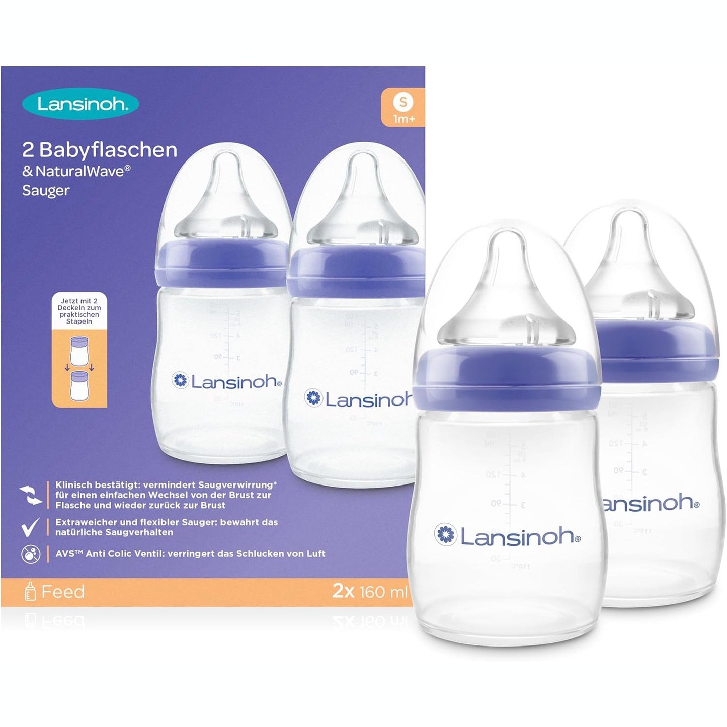 318263 - Lansinoh Shishe për foshnje NaturalWave madhësia S, 160 ml, pako dyshe, dizajn kompakt për stabilitet të përmirësuar, me kapak grumbullues