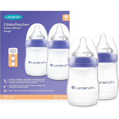 318263 - Lansinoh Shishe për foshnje NaturalWave madhësia S, 160 ml, pako dyshe, dizajn kompakt për stabilitet të përmirësuar, me kapak grumbullues
