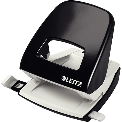 296344 - LEITZ Shpues vrimash Metal Office, për 30 fletë, shinë udhëzuese me shenja formati, dizajn ergonomik, e zezë, 50080095