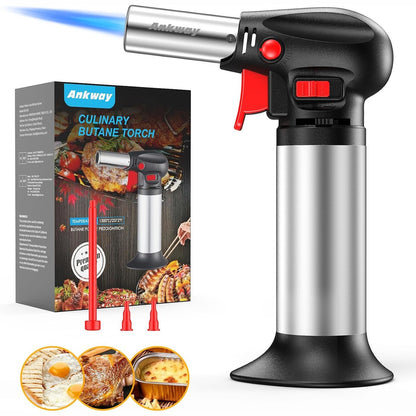314531 - Pishtar ANKWAY Flambé, Kuzhinë me Nxehtës Bunsen të Mbushshëm, me Matës Gazi për Gatim, Pjekje, Kamping, Punime Artizanale dhe Saldim, Argjend (Butani nuk përfshihet)