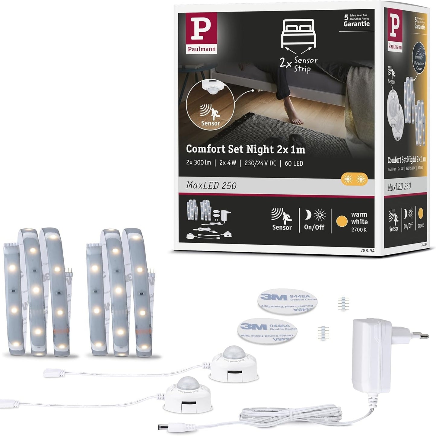 222073 - Paulmann 78894 LED Stripe MaxLED 250 Night Comfort Basic Set, 1m, 2x300lm, 60LED/m, Shirit Drite 2x4 Vat, Argjend, Plastik, 2700 K