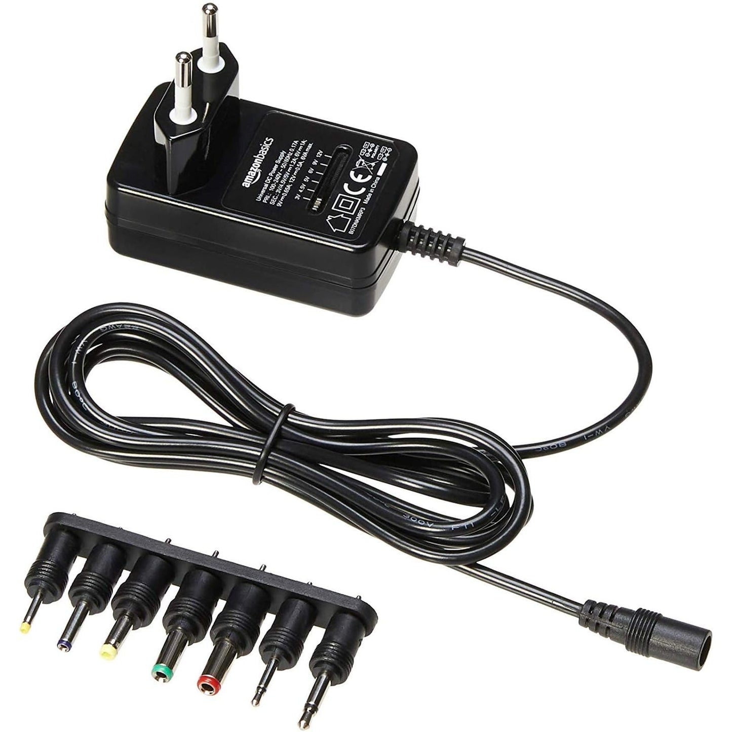273850 - AMAZON BASICS Adaptues universal i rrymës DC, 7 lidhës të lëvizshëm, 3-12 V, 6 W, polaritet i kthyeshëm, i zi