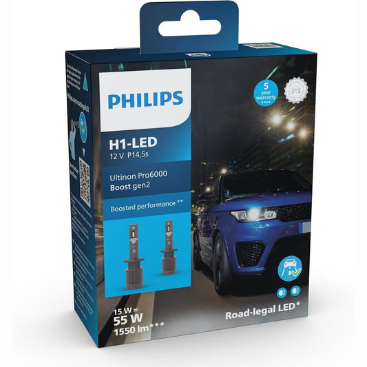 312512 - PHILIPS Ultinon Pro6000 Boost Gen2 H1-LED, Llampa Dritash LED 12V P14.5s, 15W, 1550 Lumen, të Lejueshme për Rrugë