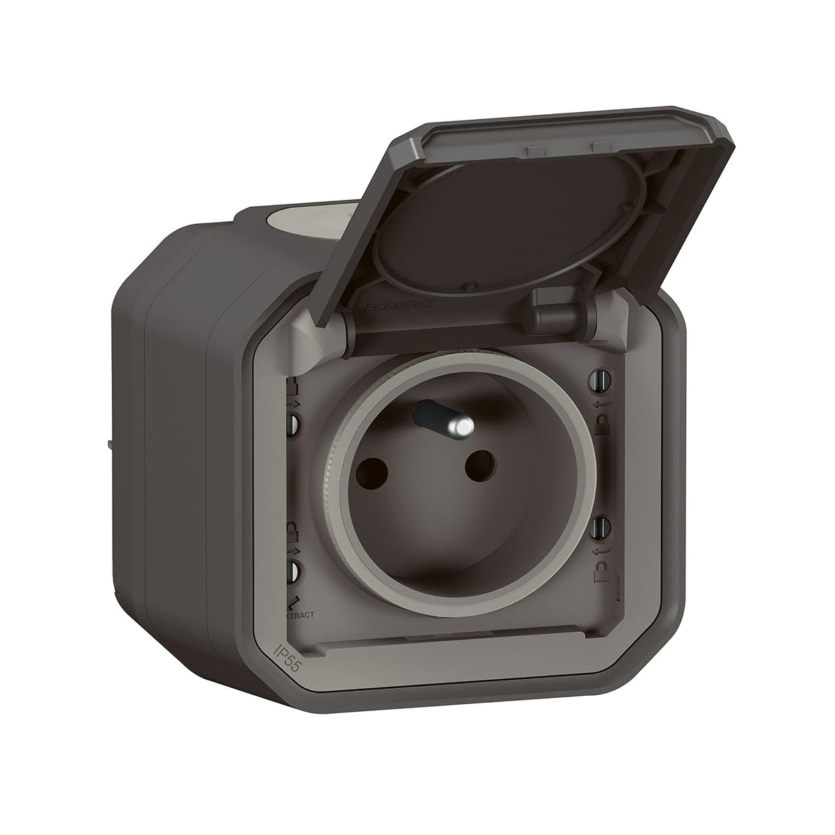 335142 - LEGRAND Prizë IP55 e papërshkueshme nga uji me tokëzim Plexo, 2P+E 16A, për montim sipërfaqësor, Antracit
