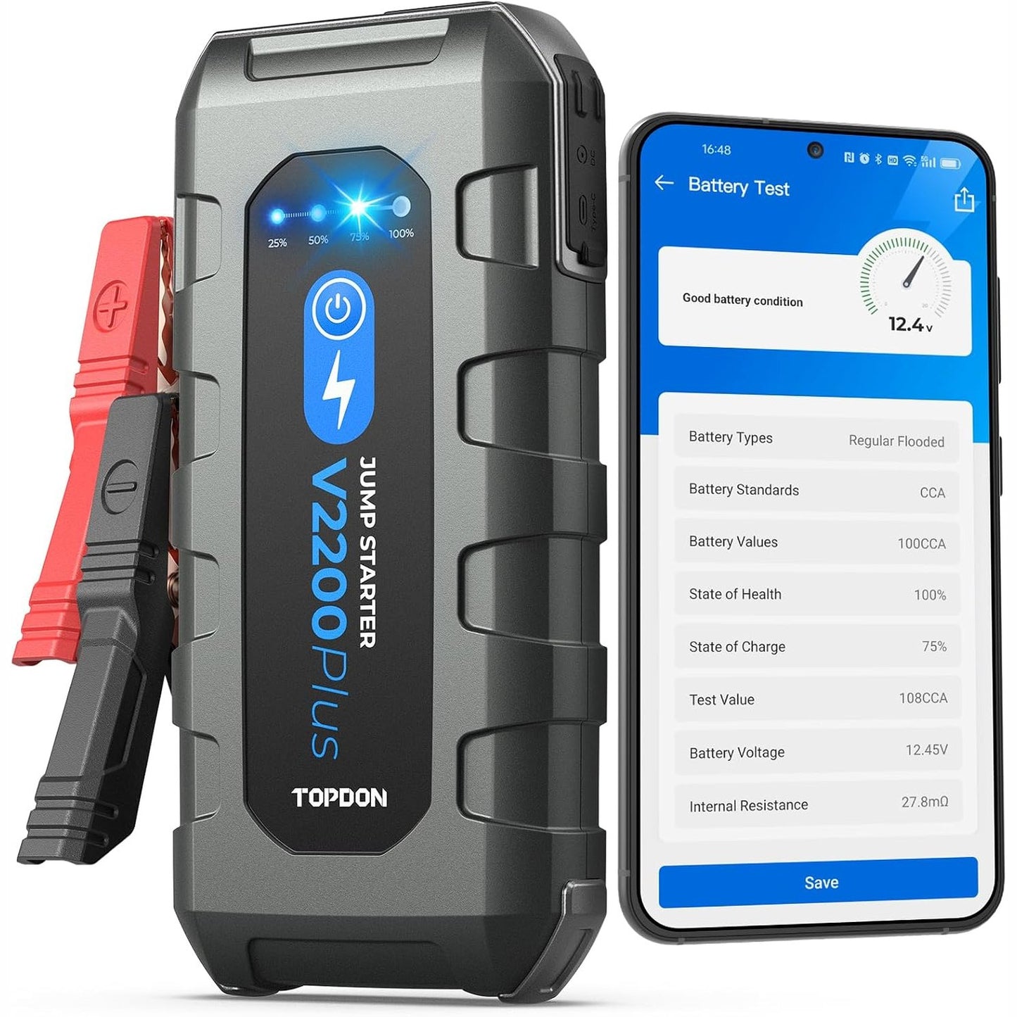 288489 - TOPDON V2200 PLUS - Jump Starter Power Bank & Bateri Testues 2-në-1, 2200A për motorë deri në 8L benzinë/6L naftë, 12V