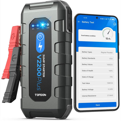 288489 - TOPDON V2200 PLUS - Jump Starter Power Bank & Bateri Testues 2-në-1, 2200A për motorë deri në 8L benzinë/6L naftë, 12V