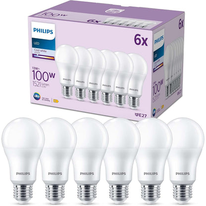 216193 - PHILIPS Pako me 6 llamba LED E27, 100W, e bardhë e ftohtë, pa errësim