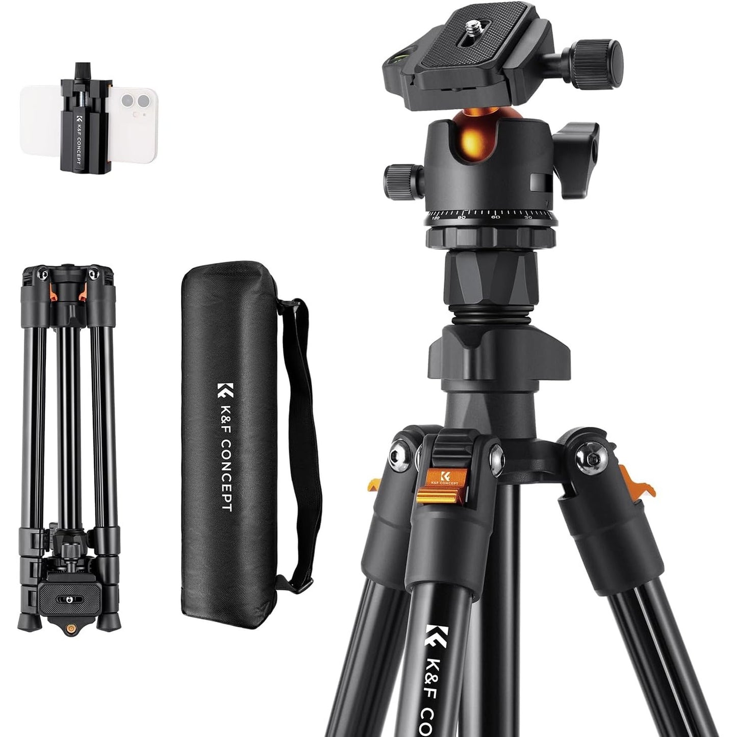 266297 - K&F Concept O234A1 Tripod për telefon celular, Tripod për kamerë 163 cm, Tripod udhëtimi, Tripod për telefon inteligjent me mbajtëse telefoni, Tripod udhëtimi prej alumini