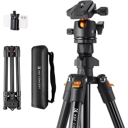 266297 - K&F Concept O234A1 Tripod për telefon celular, Tripod për kamerë 163 cm, Tripod udhëtimi, Tripod për telefon inteligjent me mbajtëse telefoni, Tripod udhëtimi prej alumini