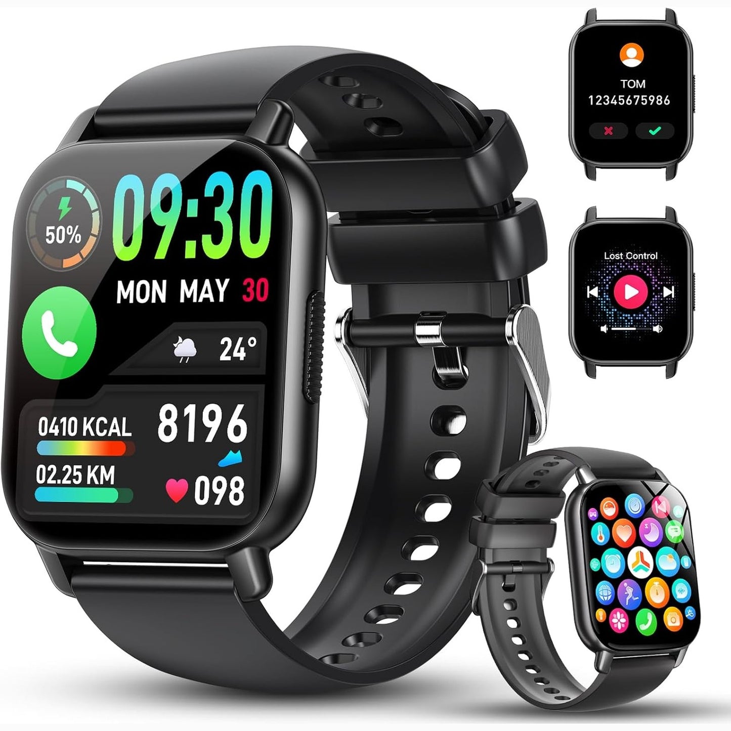 268305 - WeurGhy Orë inteligjente për burra dhe gra, Bluetooth, HD 1.91" me pedometër, ciklin menstrual, rrahjet e zemrës dhe SpO2, e zezë