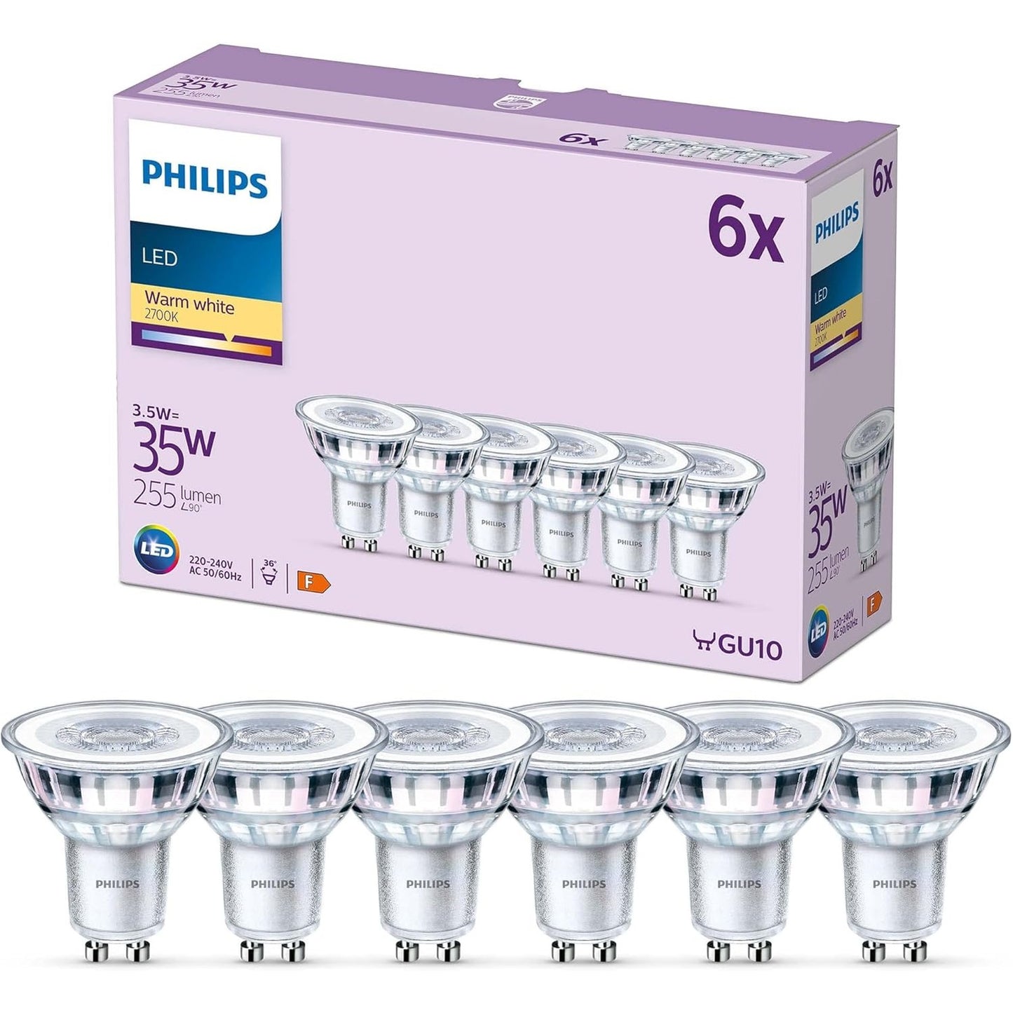 223342 - PHILIPS - Llampa LED GU10, 35W, e bardhë e ngrohtë, pa errësim, pako me 6