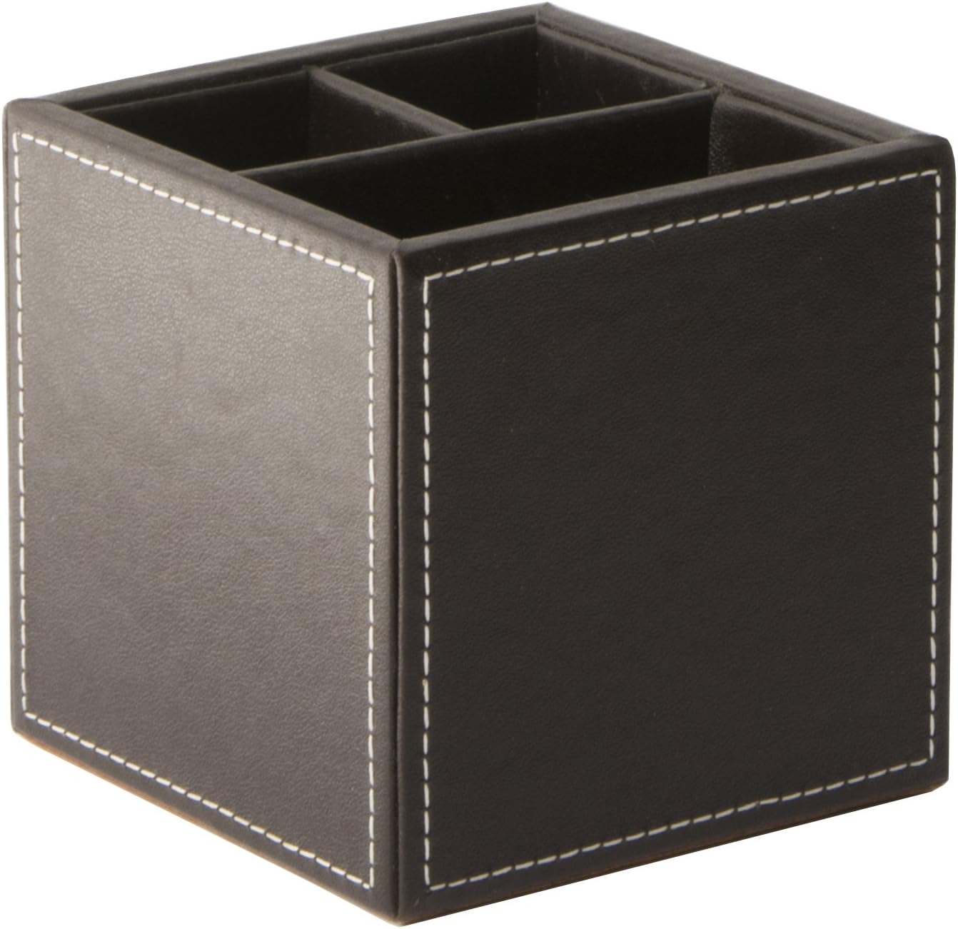 254080 - Osco Vazo stilolapsash prej lëkure artificiale, mbajtëse katrore me 3 seksione për tavolinë dhe lapsa, organizuese zyre dhe mbajtëse furçash grimi, 10×10×10 cm, kafe