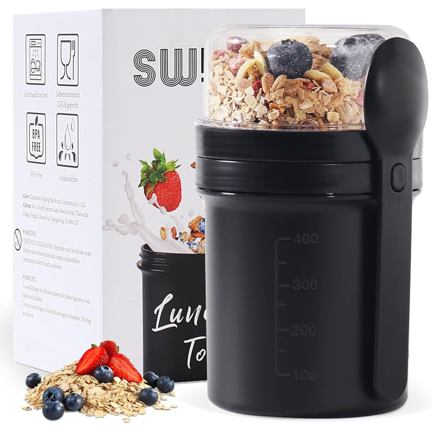 220361 - Musli Filxhan Swkien 450ml + 250ml me lugë, Filxhan Kosi për të marrë me vete, Enë për drekë e zezë