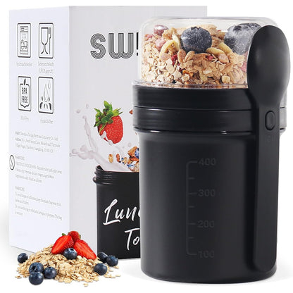 220361 - Musli Filxhan Swkien 450ml + 250ml me lugë, Filxhan Kosi për të marrë me vete, Enë për drekë e zezë