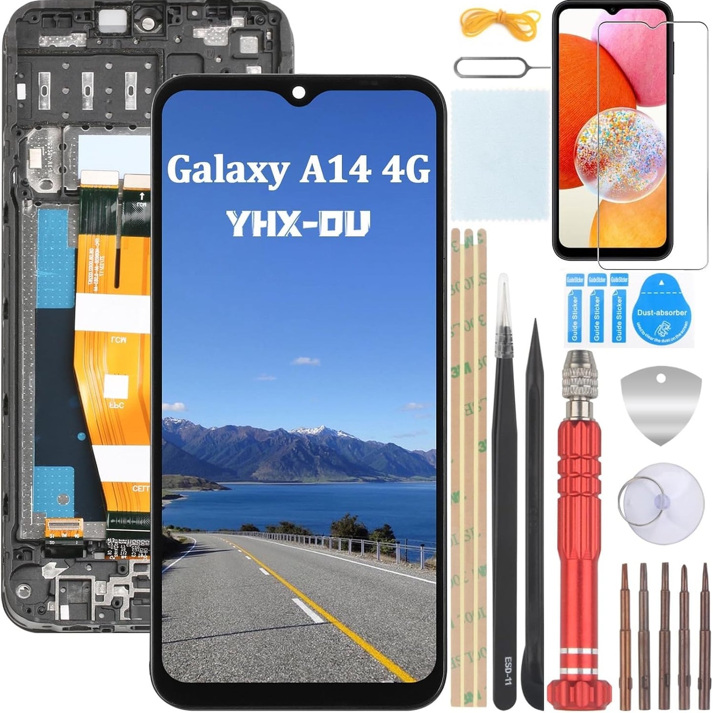273757 - YHX-OU Kit Ekrani LCD i Zi 6.6'' me Kornizë për Samsung Galaxy A14 4G SM-A145P SM-A145RZSUEUB, zëvendësim i plotë i ekranit LCD me prekje dhe mjete + xham i temperuar