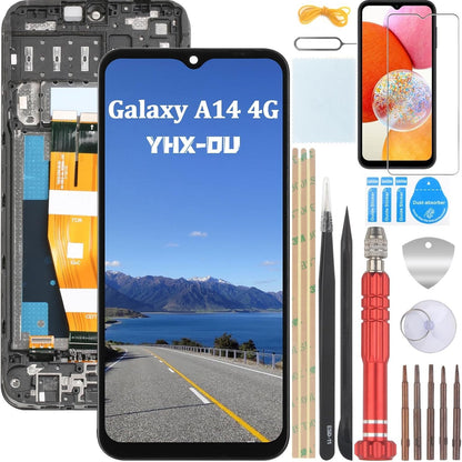 273757 - YHX-OU Kit Ekrani LCD i Zi 6.6'' me Kornizë për Samsung Galaxy A14 4G SM-A145P SM-A145RZSUEUB, zëvendësim i plotë i ekranit LCD me prekje dhe mjete + xham i temperuar