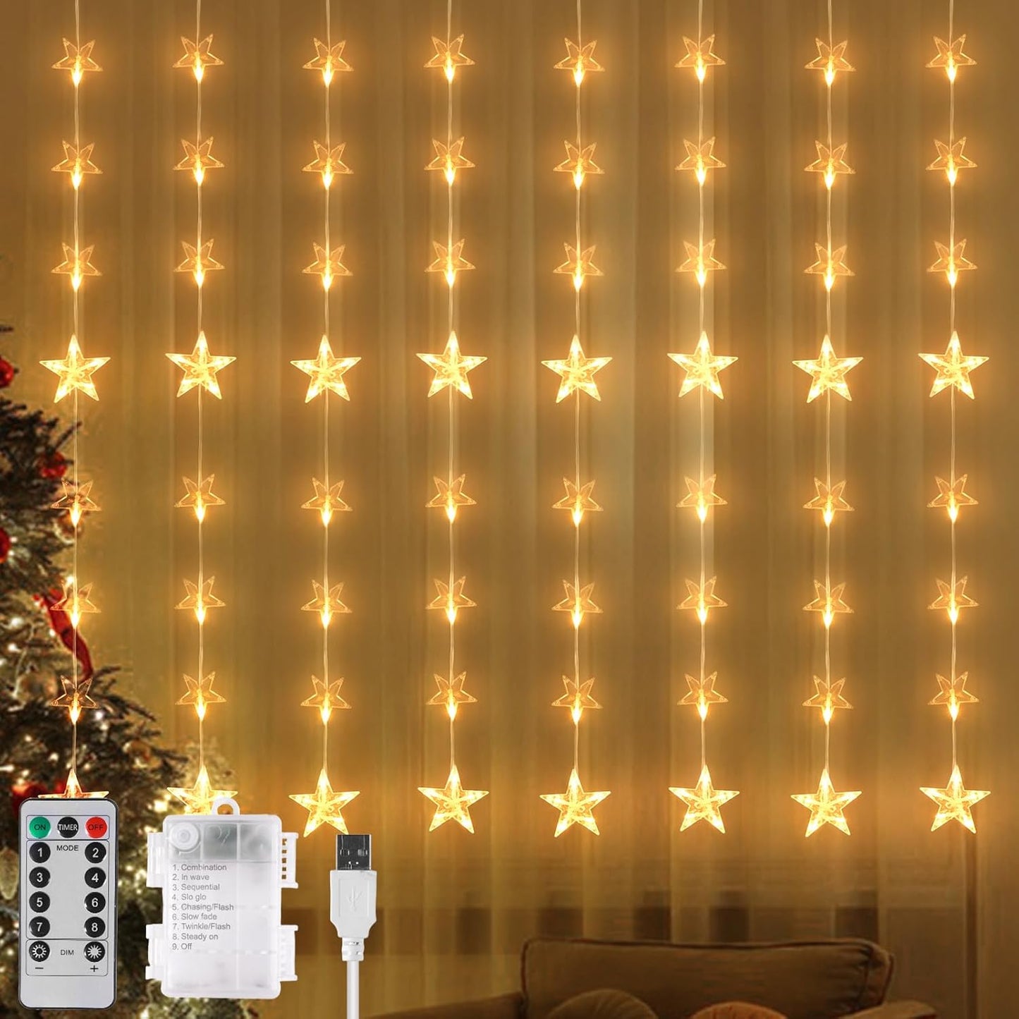 216709 - DRITA PERDE YLLI JSDOIN PËR DRITARE, 64 YJE, 128 LED, 3M X 1.5M, GJATËSI KABLLI USB 1.5M,