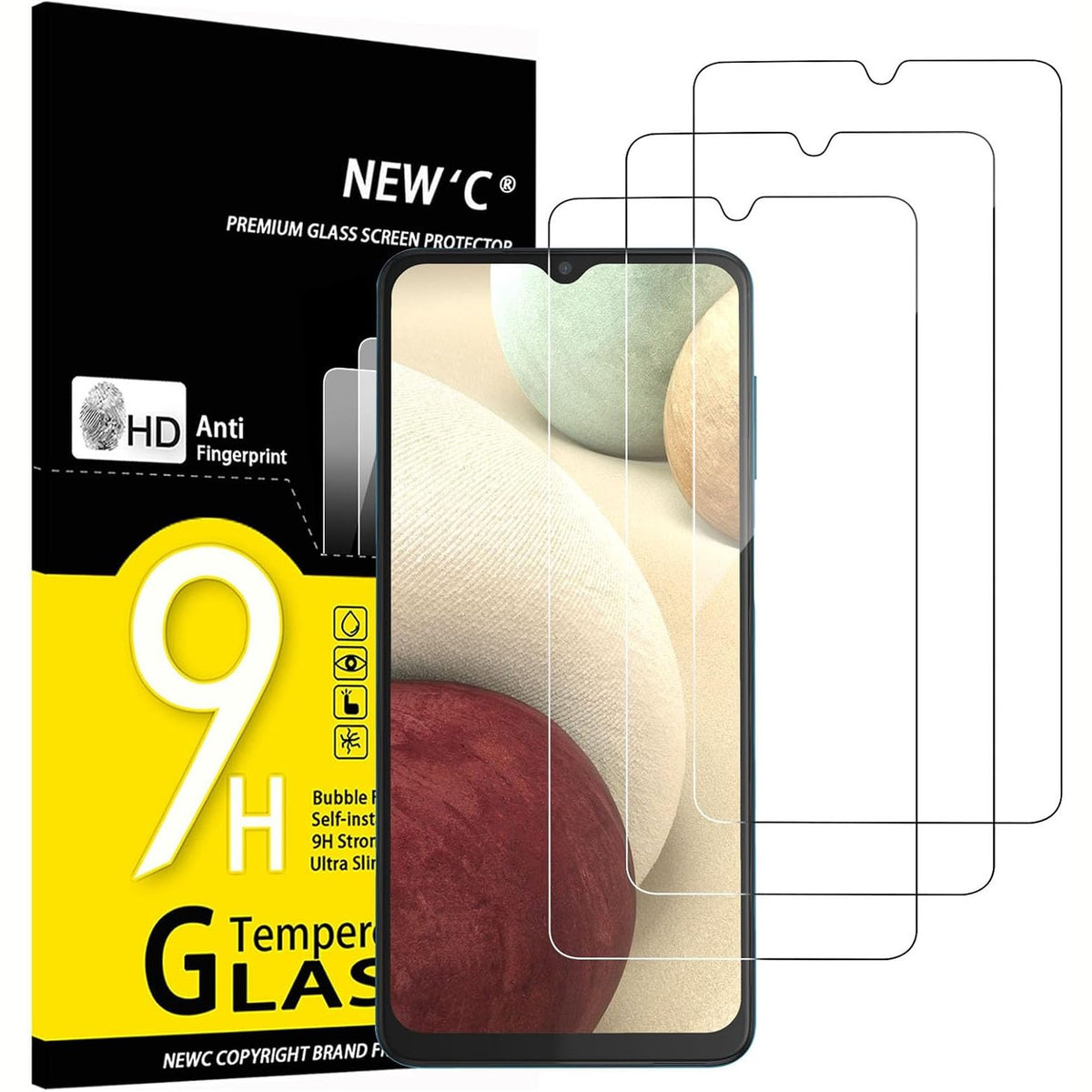 305644 - NEW'C Mbrojtës ekrani prej qelqi të temperuar për Samsung Galaxy A12, 3 copë, fortësi 9H, 0.33 mm