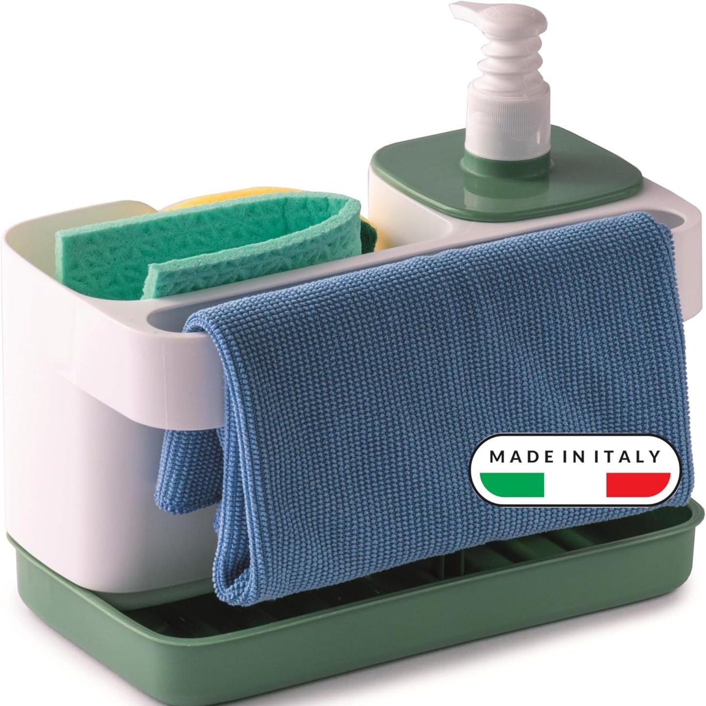 188457 - SNIPS - Organizues Kuzhine dhe Banjo 3-në-1, Dispenser Sapuni 400ml, Mbahtës Sfungjeri dhe Peshqirë Çaji, Madhësi 21x12x18cm, Materiali Plastik, Ngjyrë e Bardhë/Gri, Prodhuar në Itali