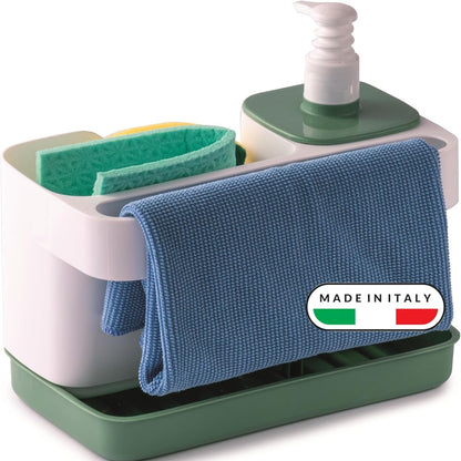 188457 - SNIPS - Organizues Kuzhine dhe Banjo 3-në-1, Dispenser Sapuni 400ml, Mbahtës Sfungjeri dhe Peshqirë Çaji, Madhësi 21x12x18cm, Materiali Plastik, Ngjyrë e Bardhë/Gri, Prodhuar në Itali