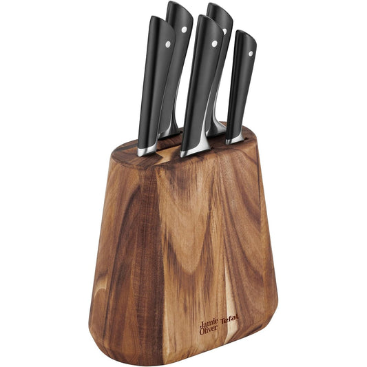 255078 - JAMIE OLIVER Set thikash kuzhine me 5 pjesë nga Tefal + bllok, thikë shefi/santoku/buke/shërbimi/për qërim, tehe çeliku inox gjerman, bllok druri akacie, kafe, K267S556