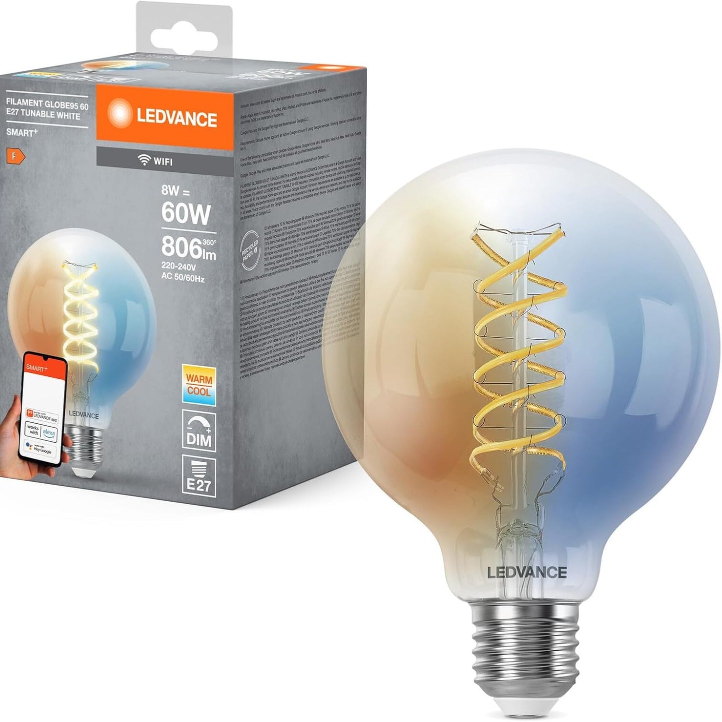 239273 - LEDVANCE Llambë SMART+ WIFI LED, xham i bardhë, 8W, 806lm, diametër 95 mm, bazë E27, dritë e bardhë e rregullueshme (2700-6500K), jetëgjatësi 15,000 orë