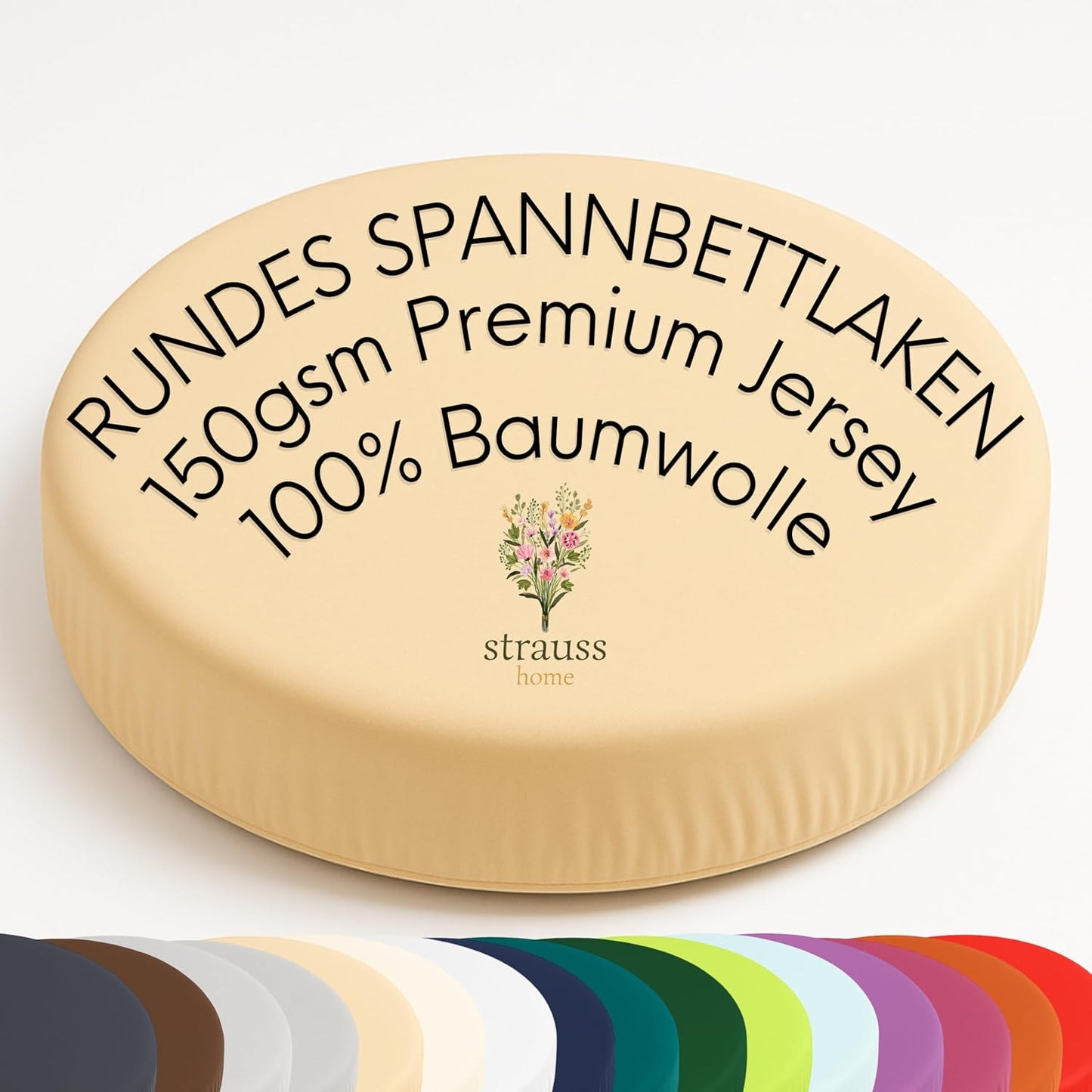 240914 - STRAUSS HOME Çarçaf i rrumbullakët Premium Jersey 100% pambuk për dyshekë me sustë të rrumbullakët dhe dyshekë uji - Thellësia deri në 40 cm (Rërë/Natyral)