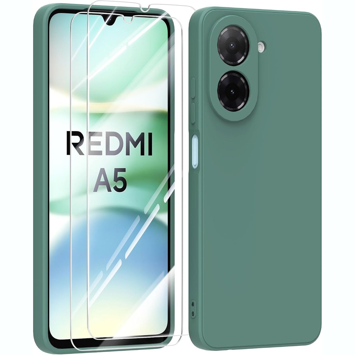 274390 - MIKULLE Mbështjellëse silikoni për Xiaomi Redmi A5 4G, me 2 mbrojtëse ekrani prej qelqi të temperuar, silikon i butë TPU, jeshile e errët