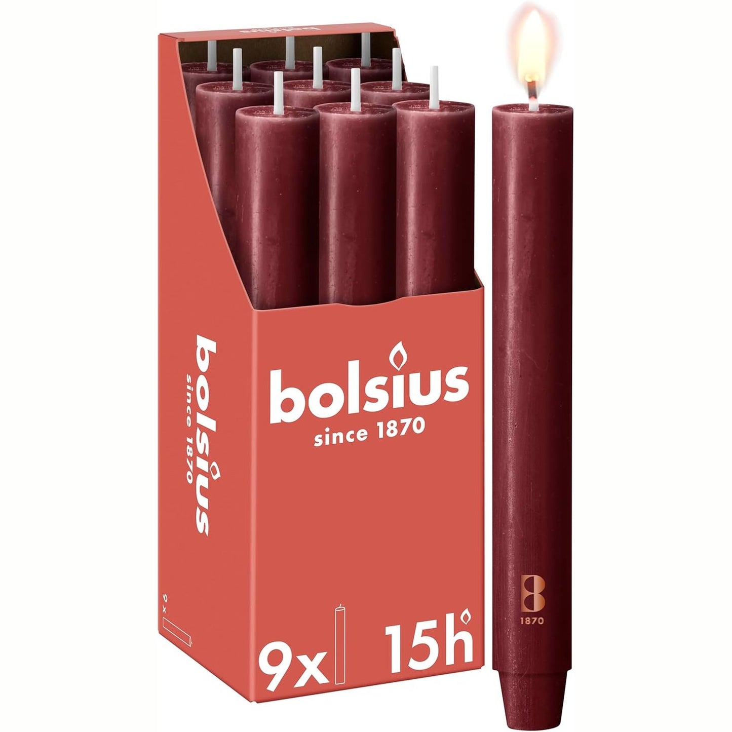 205808 - BOLSIUS Qiri Rustic XL - 23 x 3 cm - 9 copë - E kuqe burgundy - Koha e djegies: 15 orë - Pa aromë - Përmban dyll natyral bimor - Pa vaj palme