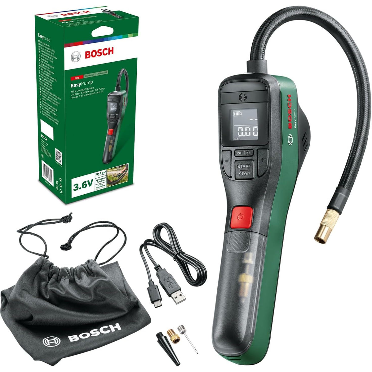 312767 - BOSCH Pompë elektrike për biçikleta EasyPump, Bateri 3.0 Ah, 3.6 volt, Funksion ndalimi automatik, 150 PSI, 10.3 bar, LED, Rikarikueshme USB-C®, Kuti kartoni