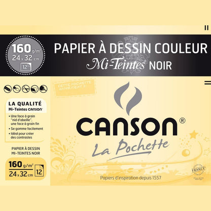 300125 - CANSON Mi-Teintes Pako me 12 fletë letre vizatimi të zezë, 24x32 cm, 160g/m²
