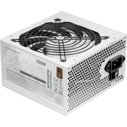 295203 - MARS GAMING MPIII550P, Furnizim me energji për PC ATX 550W, garanci 5-vjeçare, efikasitet 85%, sistem dixhital APFC, ventilator FDB 120 mm me teknologji AI-RPM, DC-DC dhe SMD, kabllo të sheshta ekstra të gjata, të bardha